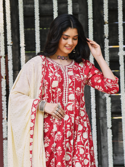 Red Block Printed Cotton AnarKali Suit Set