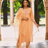 Peach Zari Embroidered Kurta Pant Set With Organza Dupatta