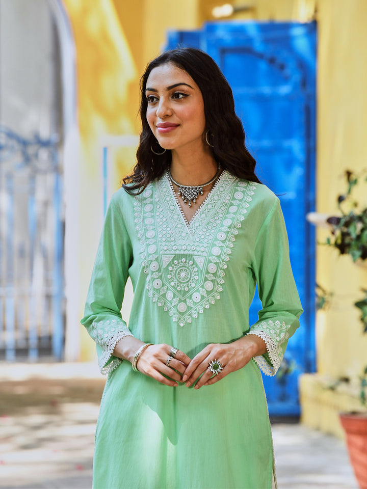 Mint Green Cotton Embroidered Straight Kurta