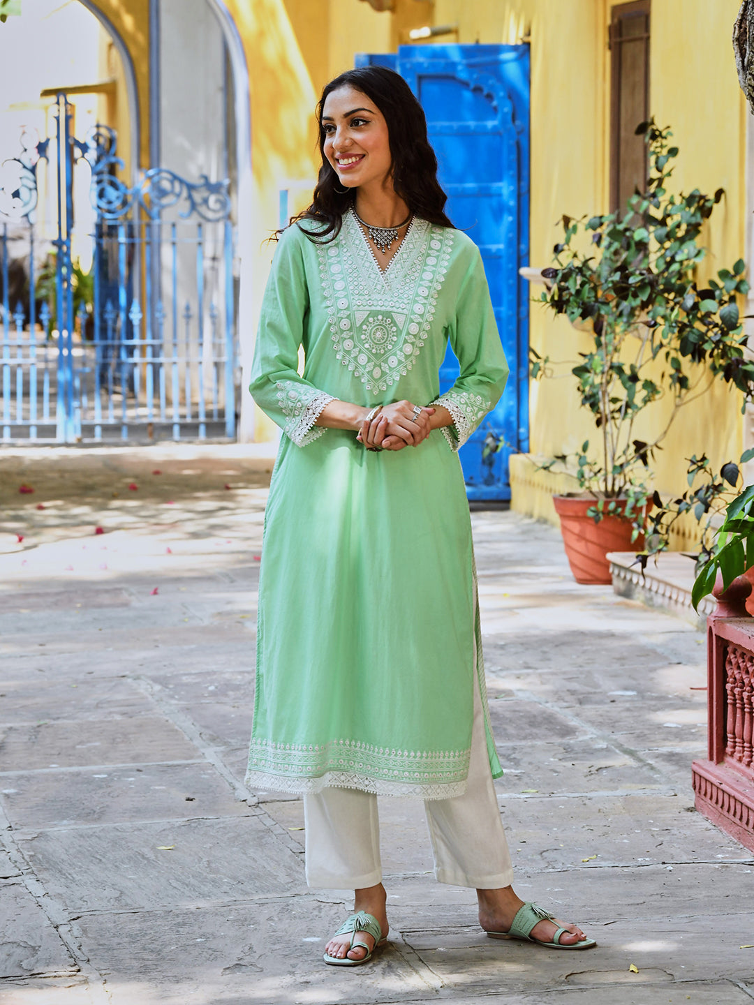 Mint Green Cotton Embroidered Straight Kurta