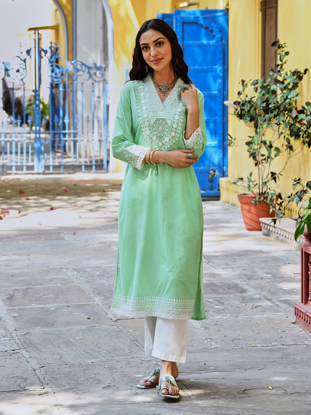 Mint Green Cotton Embroidered Straight Kurta