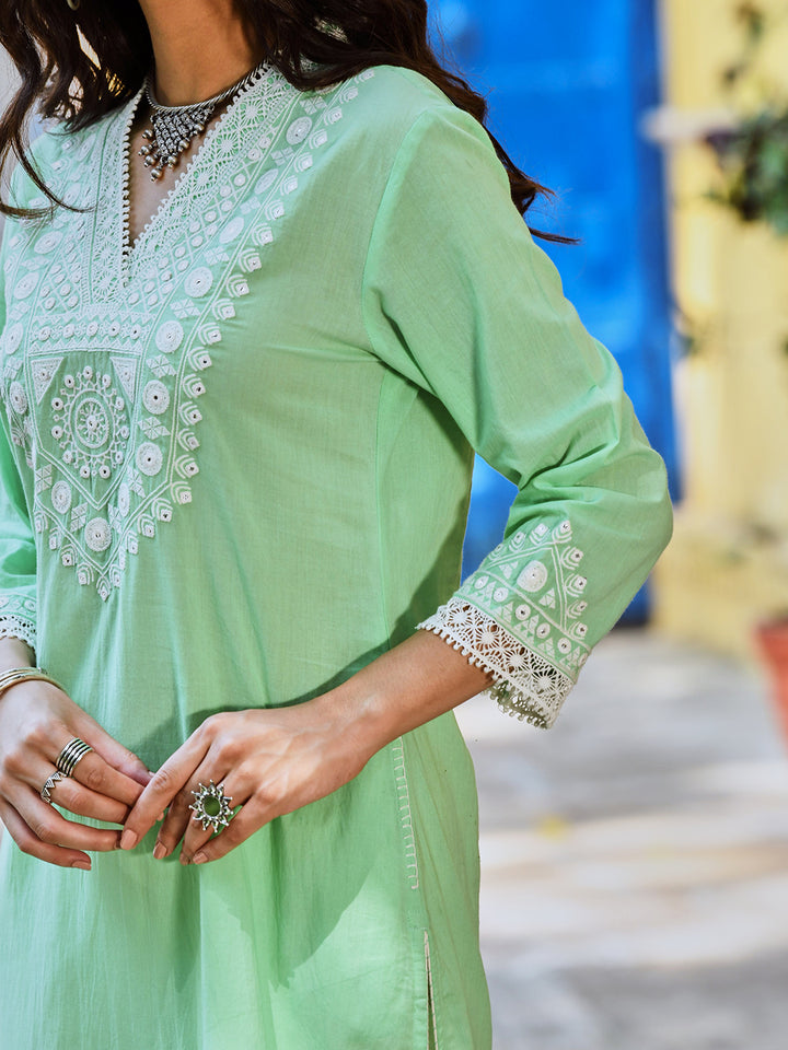 Mint Green Cotton Embroidered Straight Kurta