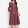 Wine Embroidered Tie Up Flared Dress