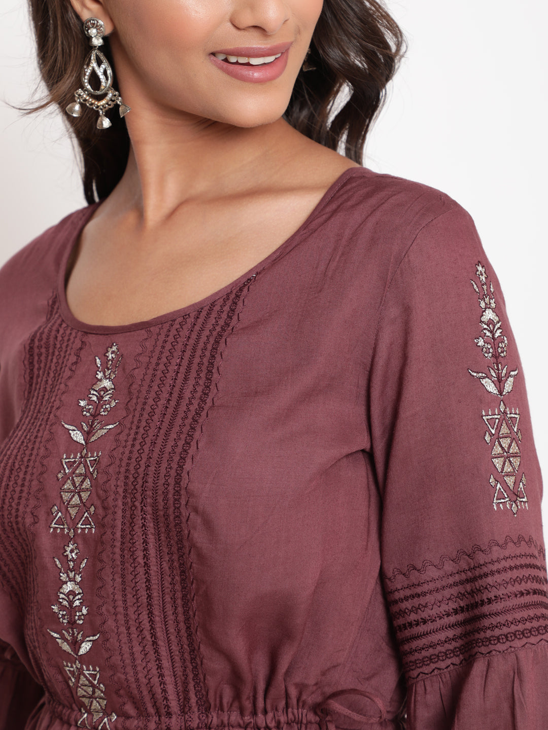 Woman posing in Wine Embroidered Tie Up Flared Dress