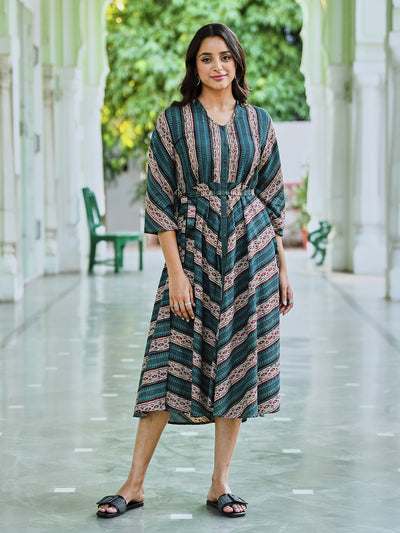 Green Cotton Printed Tie Up Dress