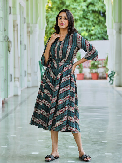 Green Cotton Printed Tie Up Dress