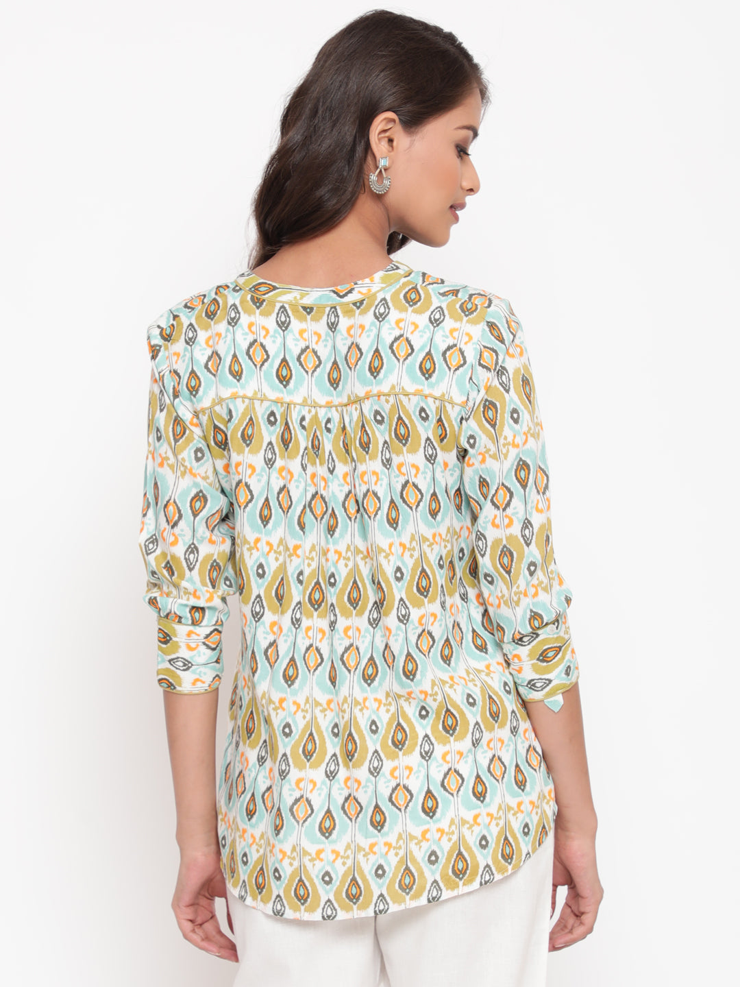 Woman posing in Savi's IKat  Multicolor rayon designer Shirt Top
