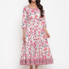 White Cotton Floral Flared Long Dress