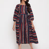Blue Rust Cotton Striped Tie Up Designer Dress
