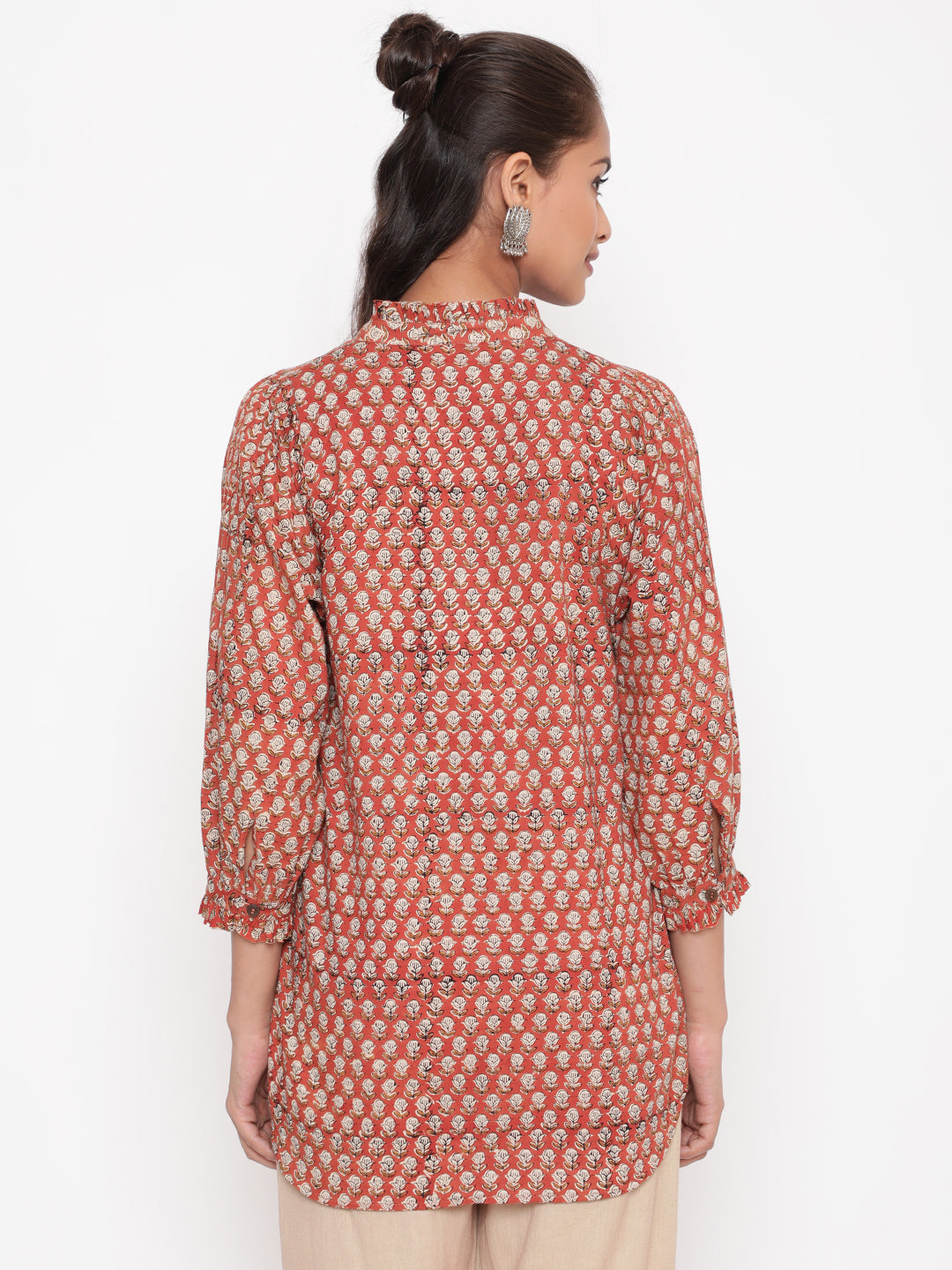 Woman posing in Rust Bagru Printed Cotton Mandarin Collar Tunic