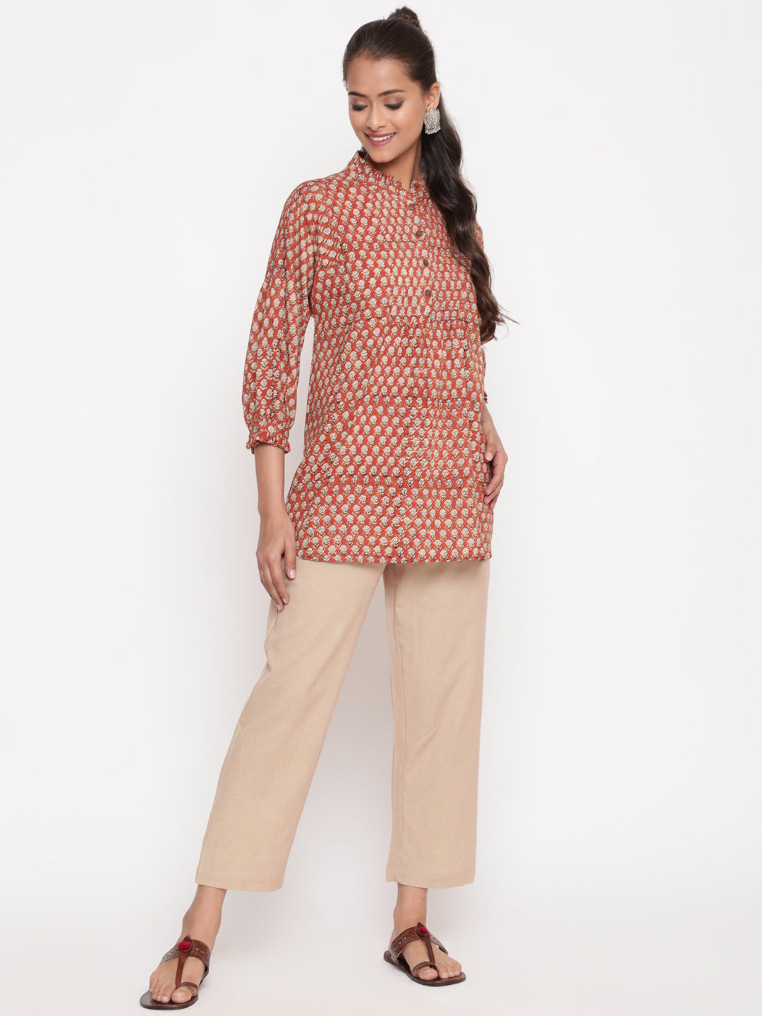 Woman posing in Rust Bagru Printed Cotton Mandarin Collar Tunic