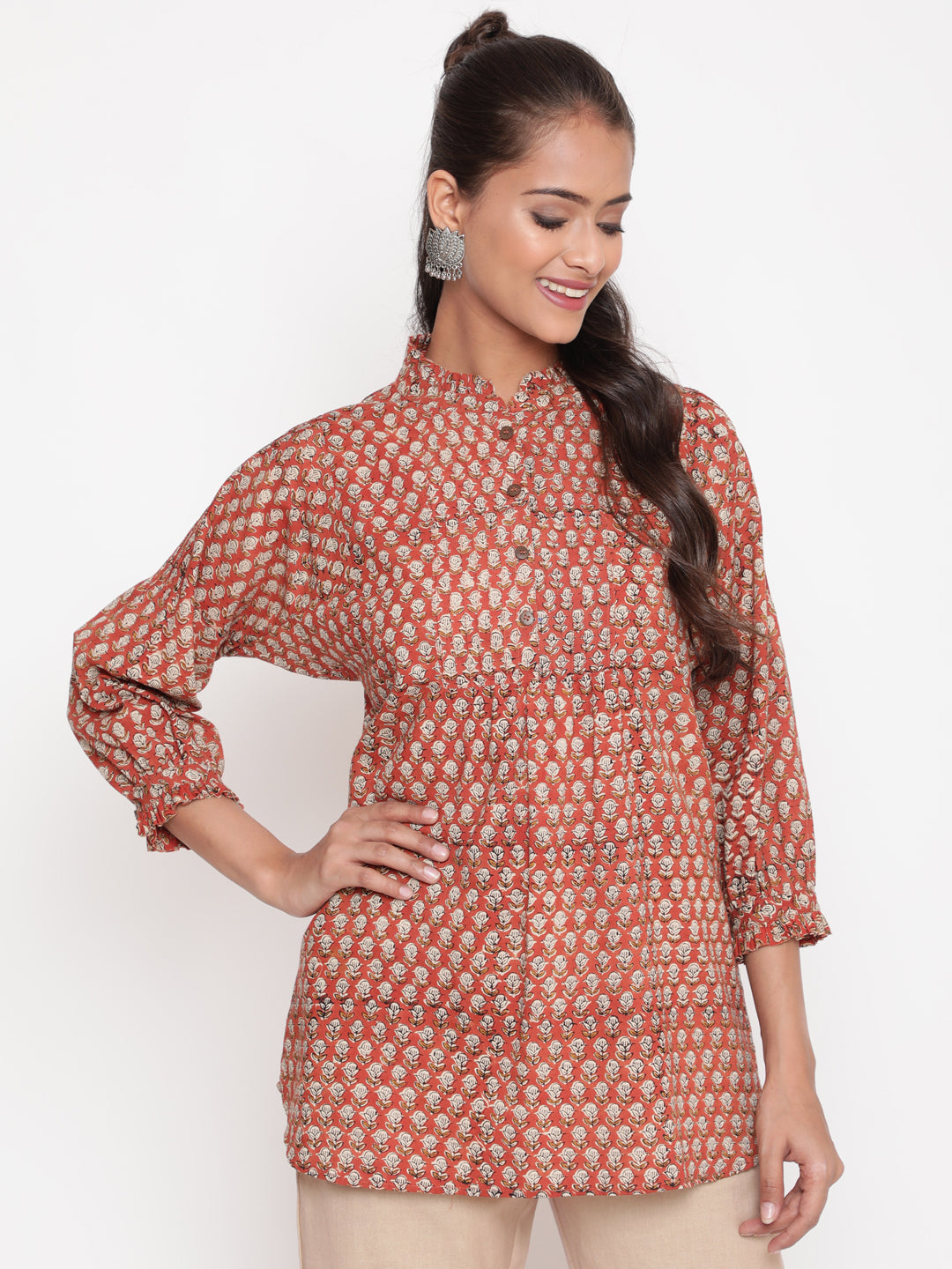 Woman posing in Rust Bagru Printed Cotton Mandarin Collar Tunic