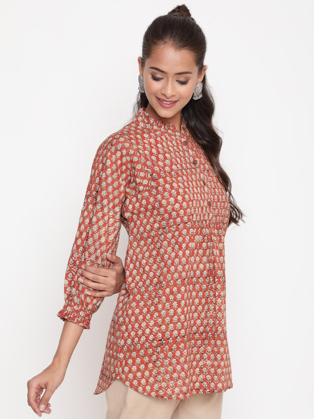 Woman posing in Rust Bagru Printed Cotton Mandarin Collar Tunic