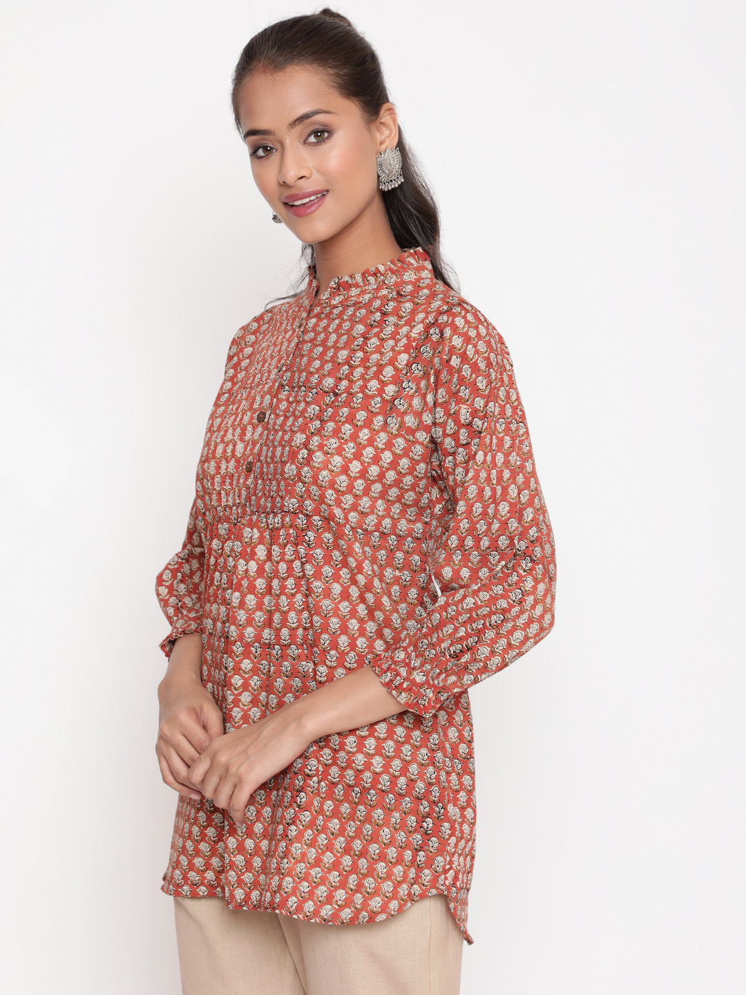 Woman posing in Rust Bagru Printed Cotton Mandarin Collar Tunic