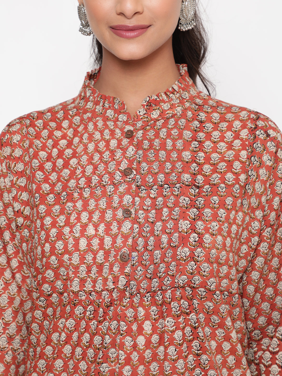 Woman posing in Rust Bagru Printed Cotton Mandarin Collar Tunic