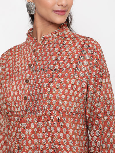 Woman posing in Rust Bagru Printed Cotton Mandarin Collar Tunic