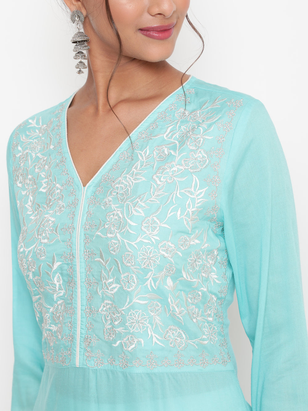 Savi model wearing Embroidered SKy Blue Modal A Line Kurta