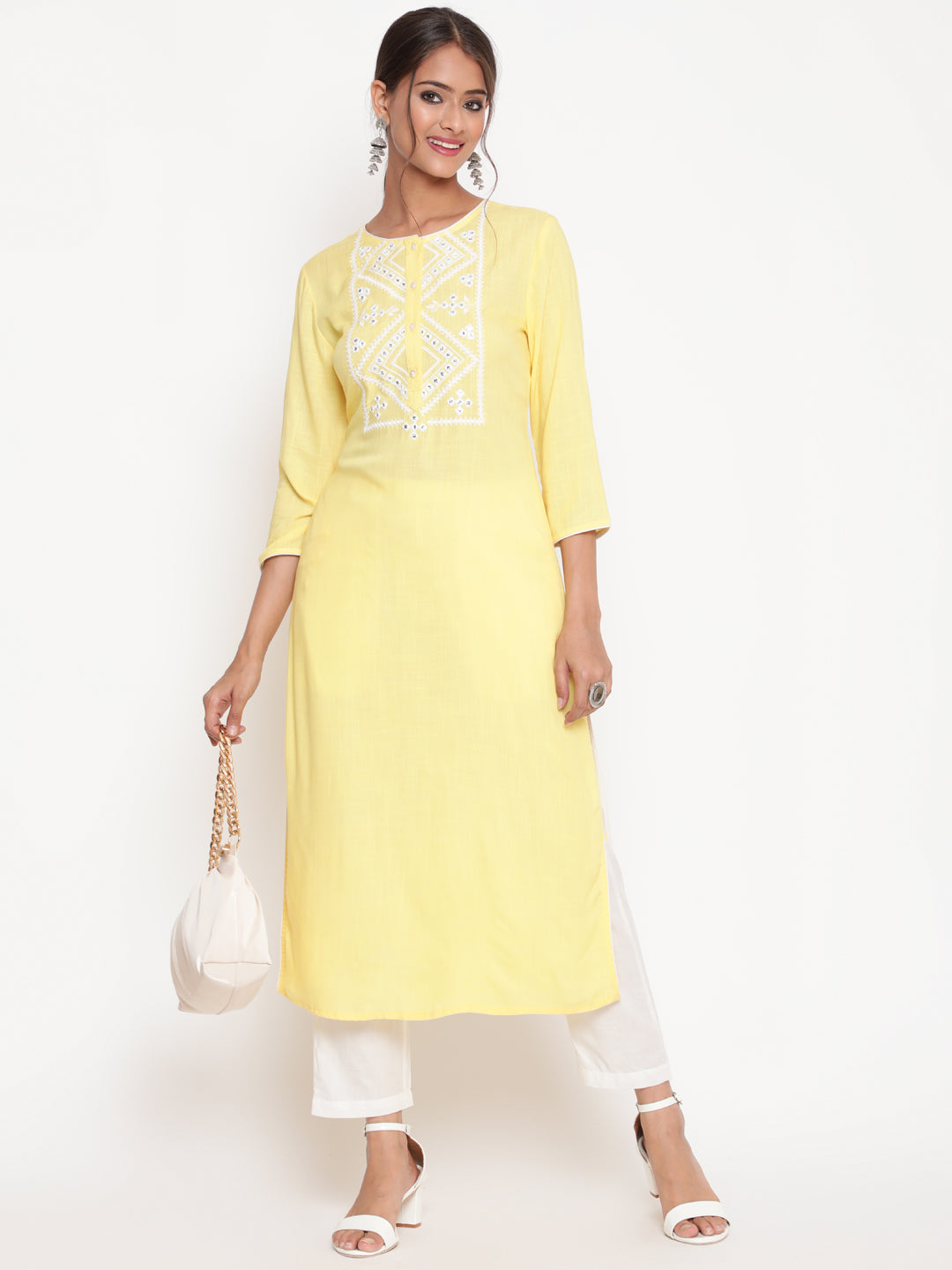 Savi model wearing Light Yellow Embroidered Casual A Line Kurta