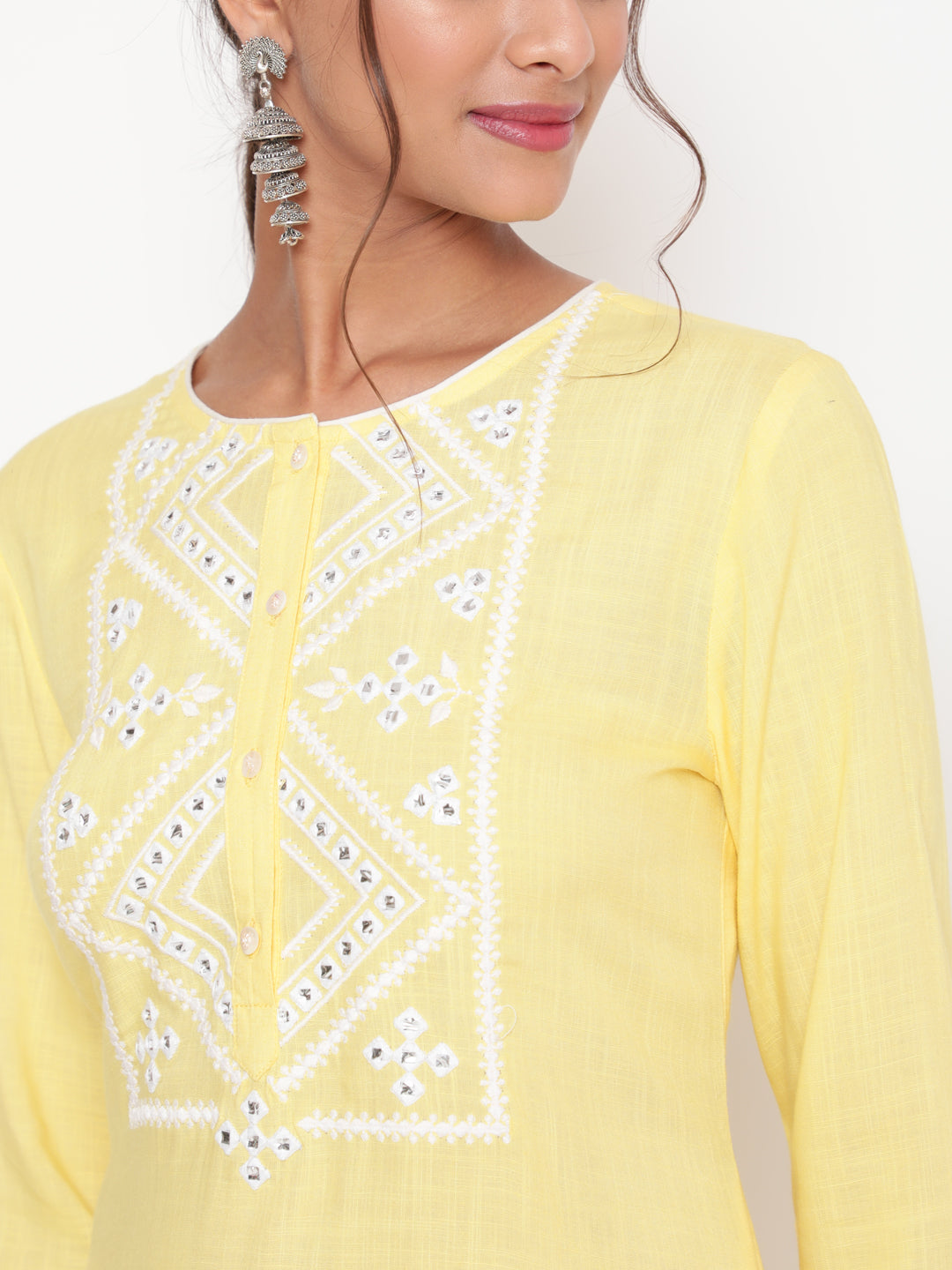 Savi model wearing Light Yellow Embroidered Casual A Line Kurta