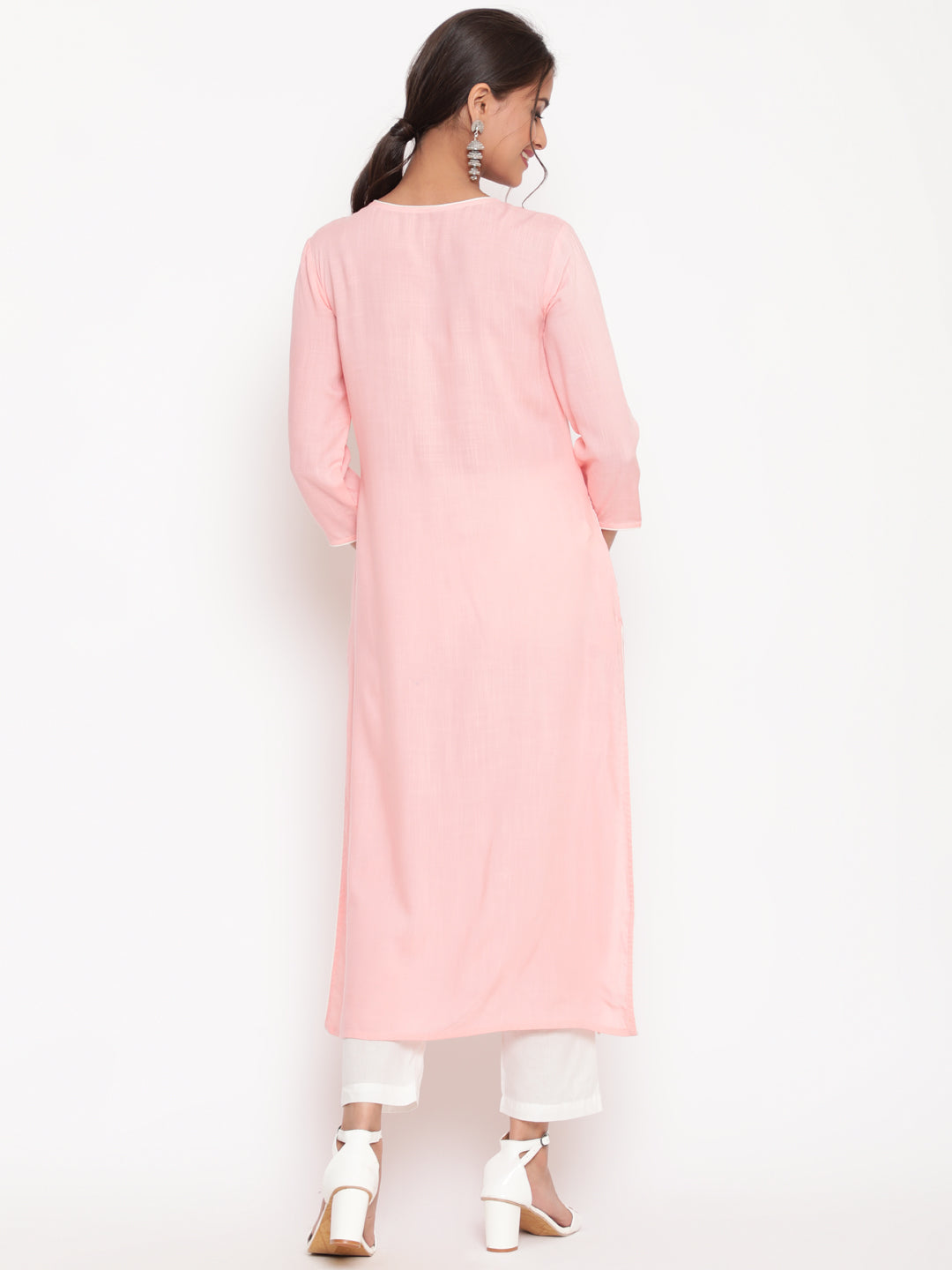 Woman posing in Pink Embroidered Casual A Line Kurta