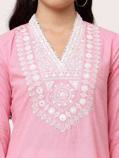 Pastel Pink Cotton Embroidered Straight Kurta