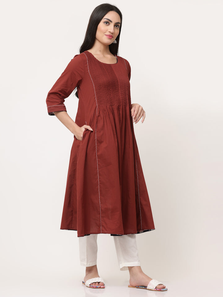 Wine Cotton Pintuck Designer A Line Kurta