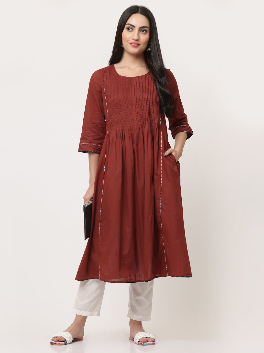 Wine Cotton Pintuck Designer A Line Kurta