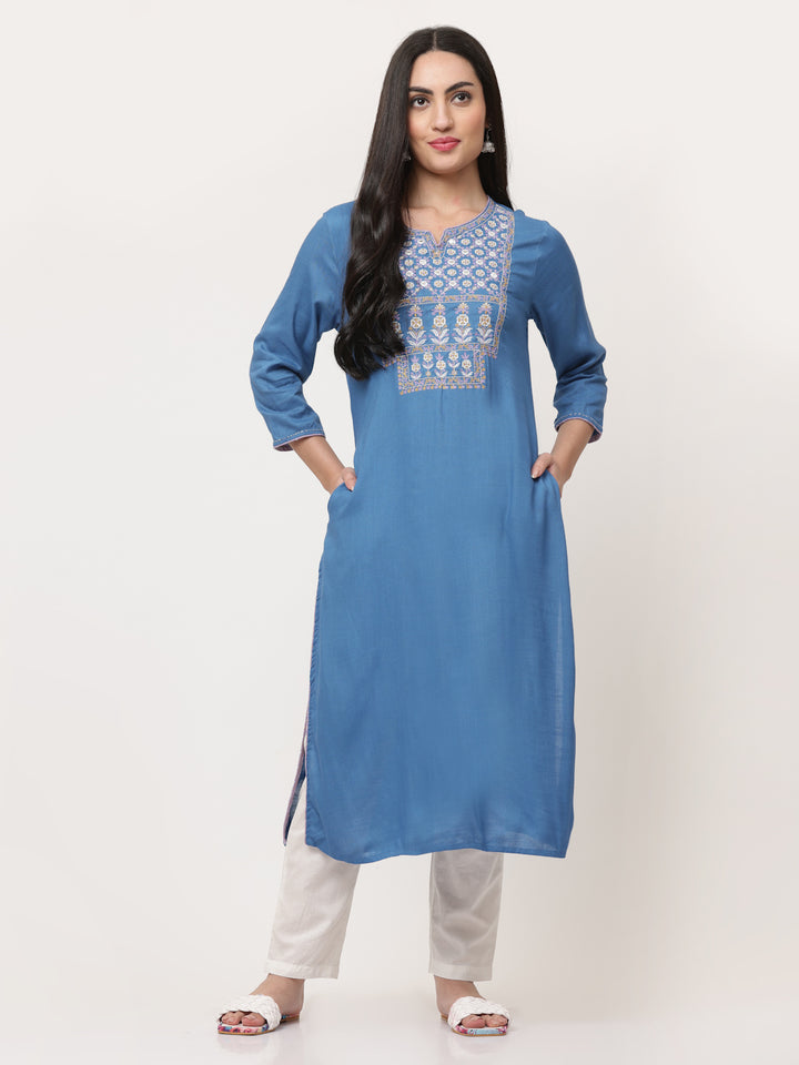 Blue Embroidered Designer Straight Kurta