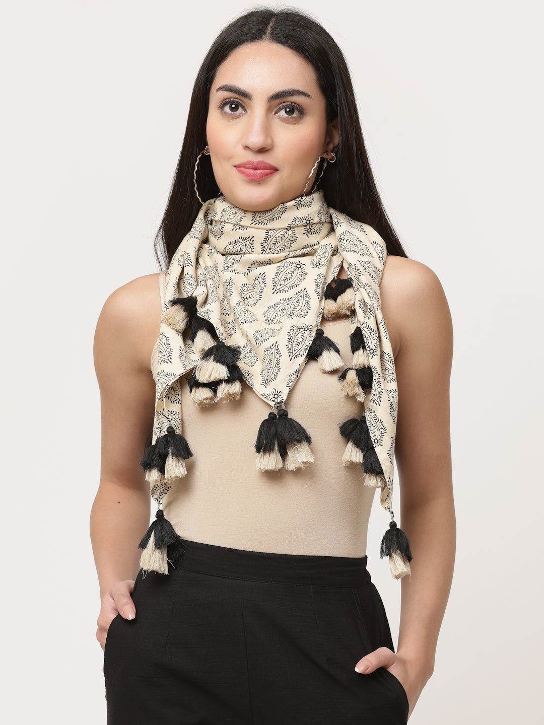 Off White Cotton Printed Detailed Scarf