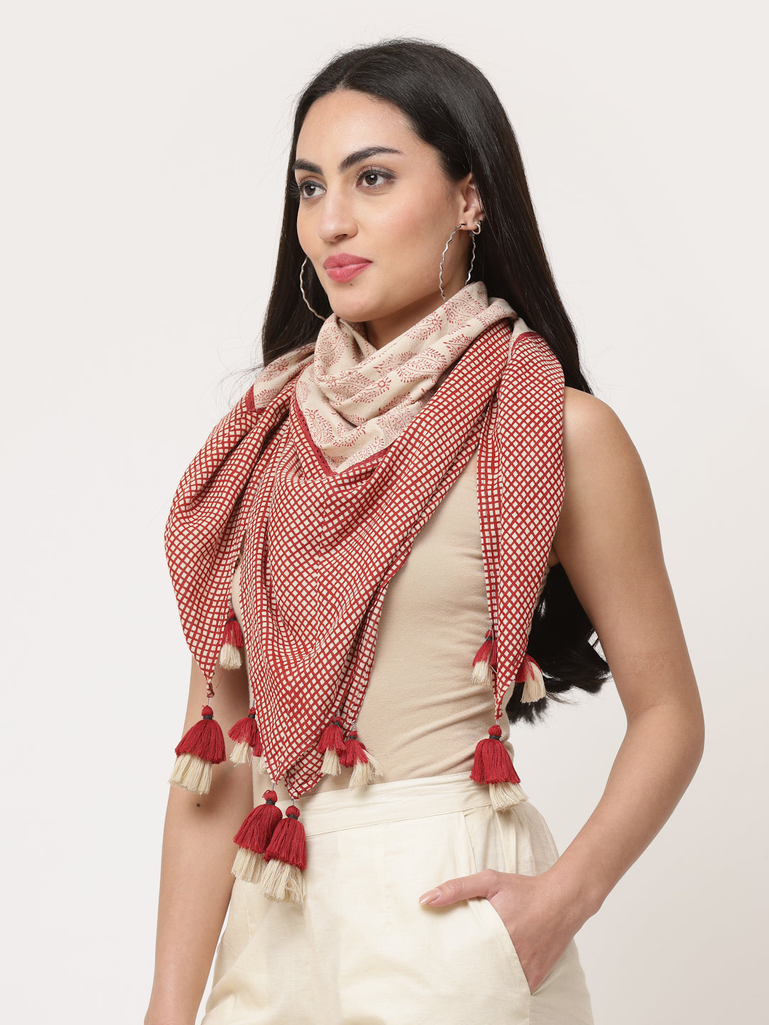 Rust Cotton Printed Detailed Scarf