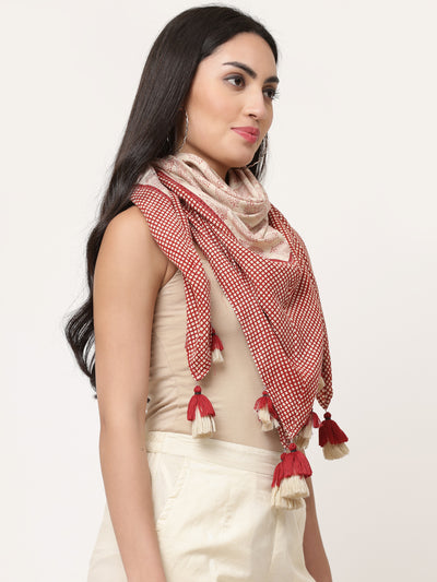 Rust Cotton Printed Detailed Scarf