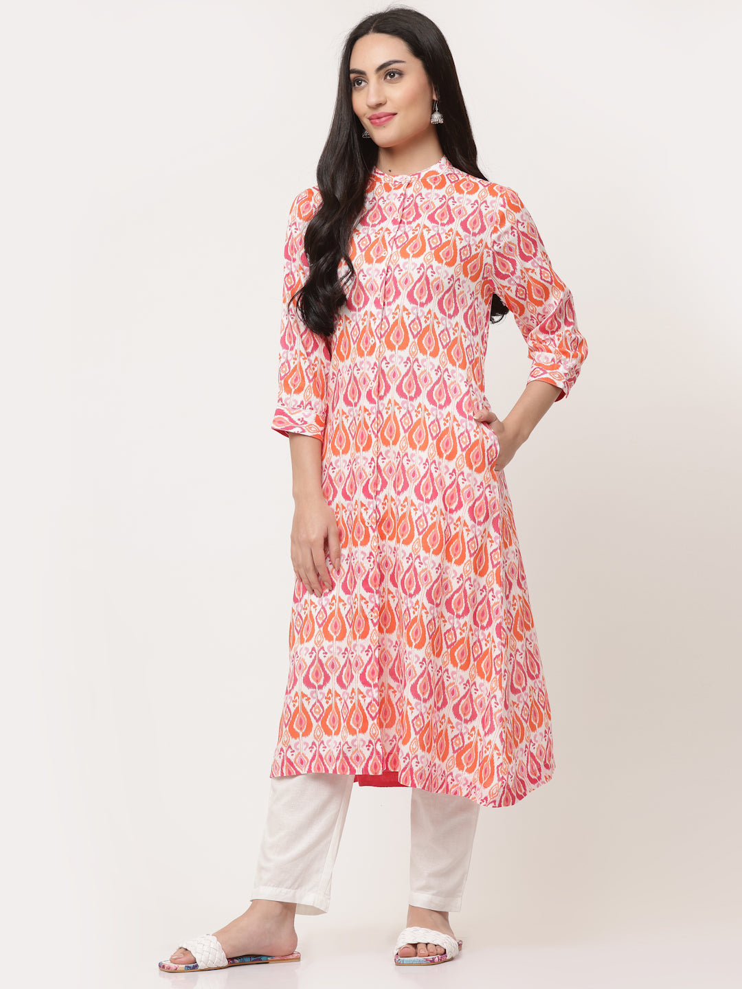 Red Ikat Printed Button Down Mandarin Collar Kurta