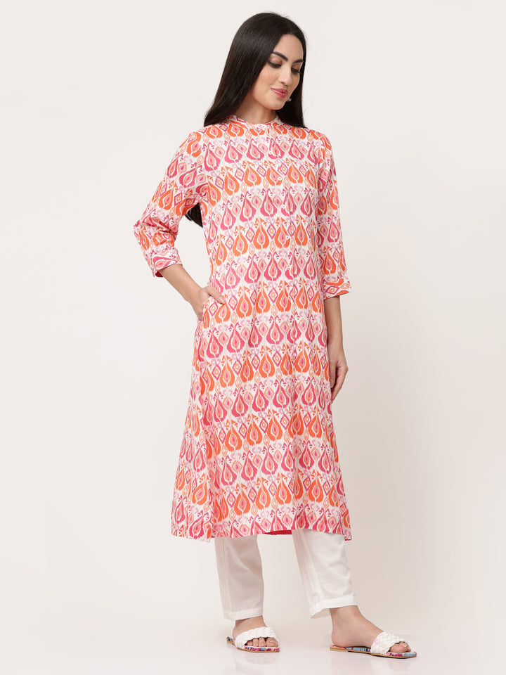 Red Ikat Printed Button Down Mandarin Collar Kurta