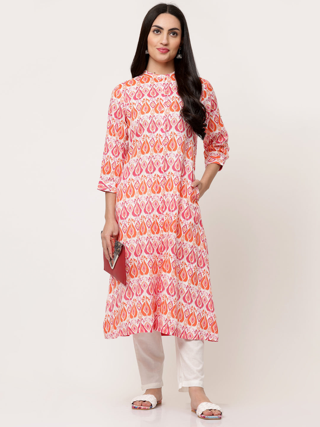 Red Ikat Printed Button Down Mandarin Collar Kurta