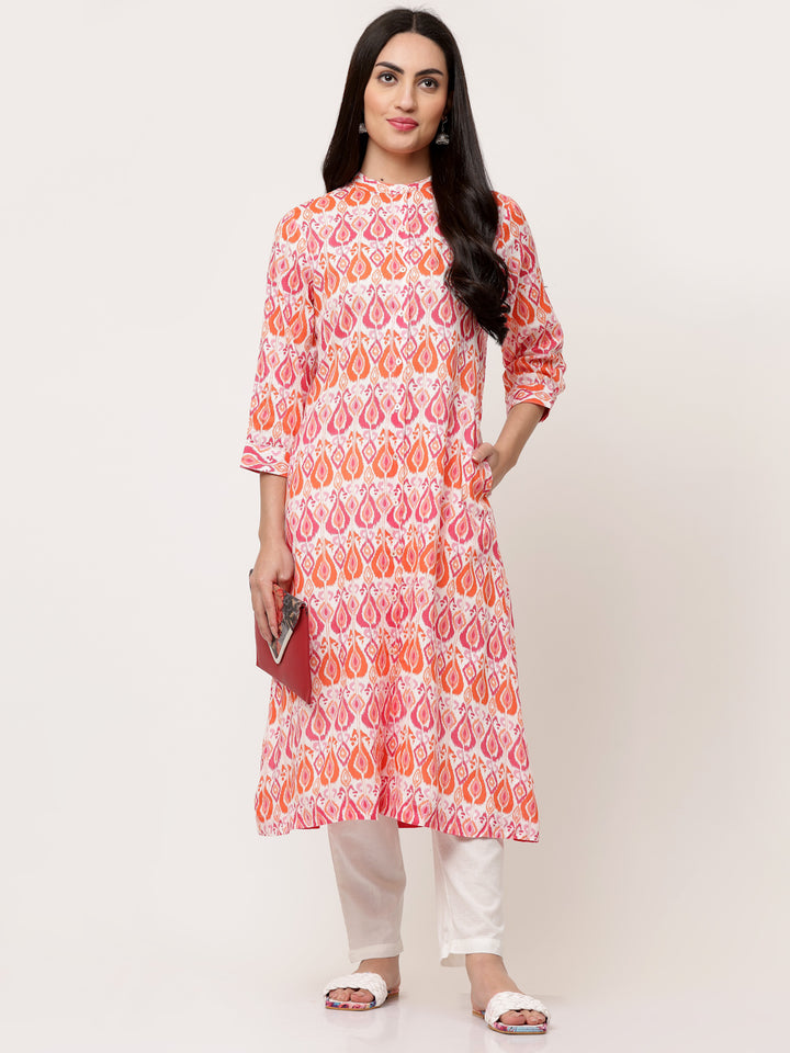 Red Ikat Printed Button Down Mandarin Collar Kurta