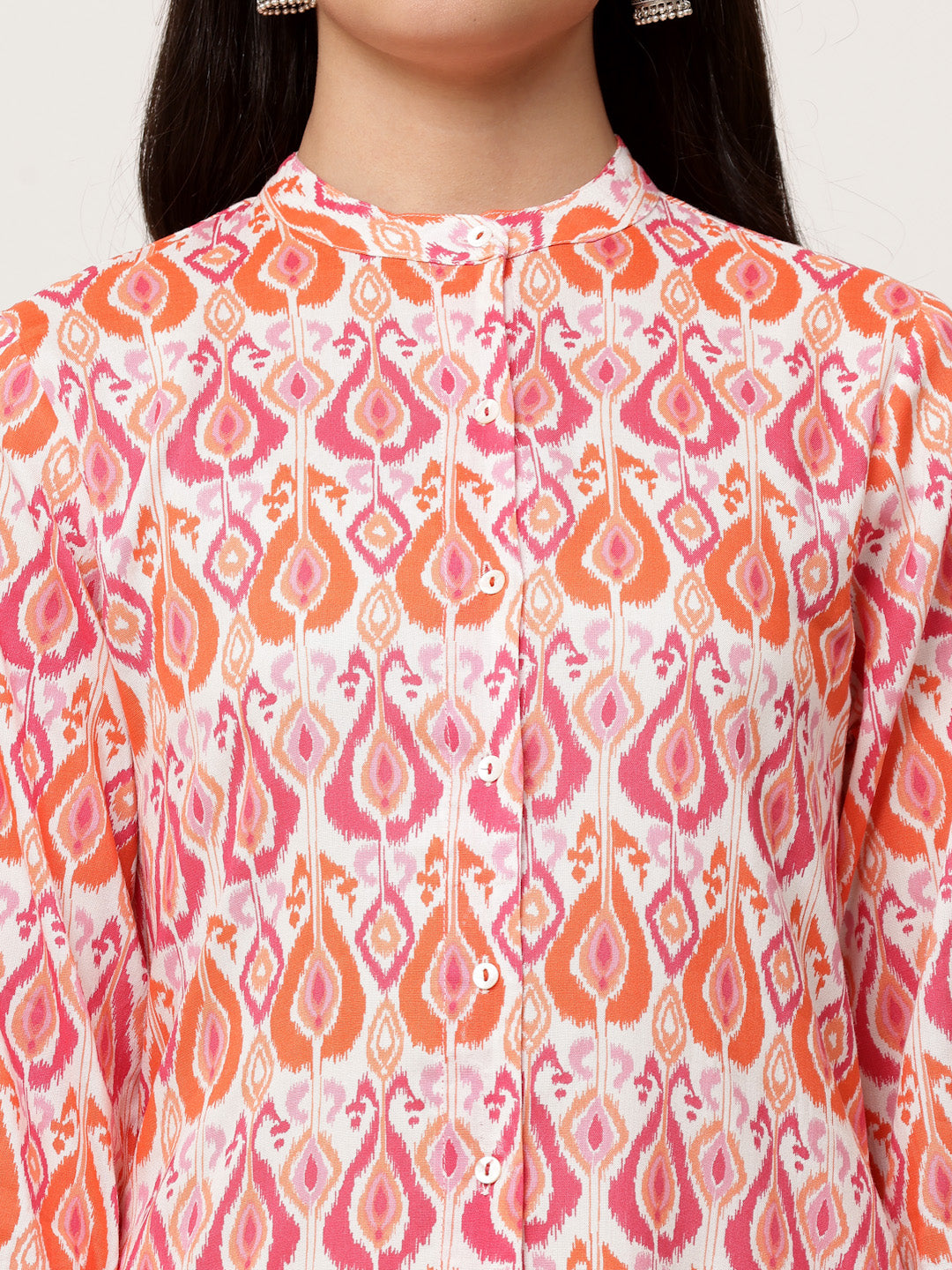 Red Ikat Printed Button Down Mandarin Collar Kurta