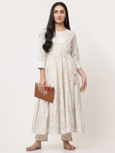 Off White Printed Designer Anarkali Kurta Dress