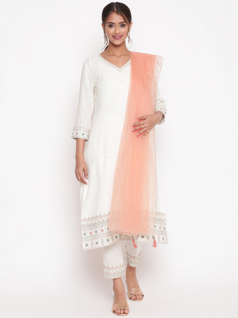 Woman posing in Off White Embroidered Kurta Pant Set With Peach Dupatta