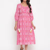 Pink Cotton Printed Tie Up Gathered Dress