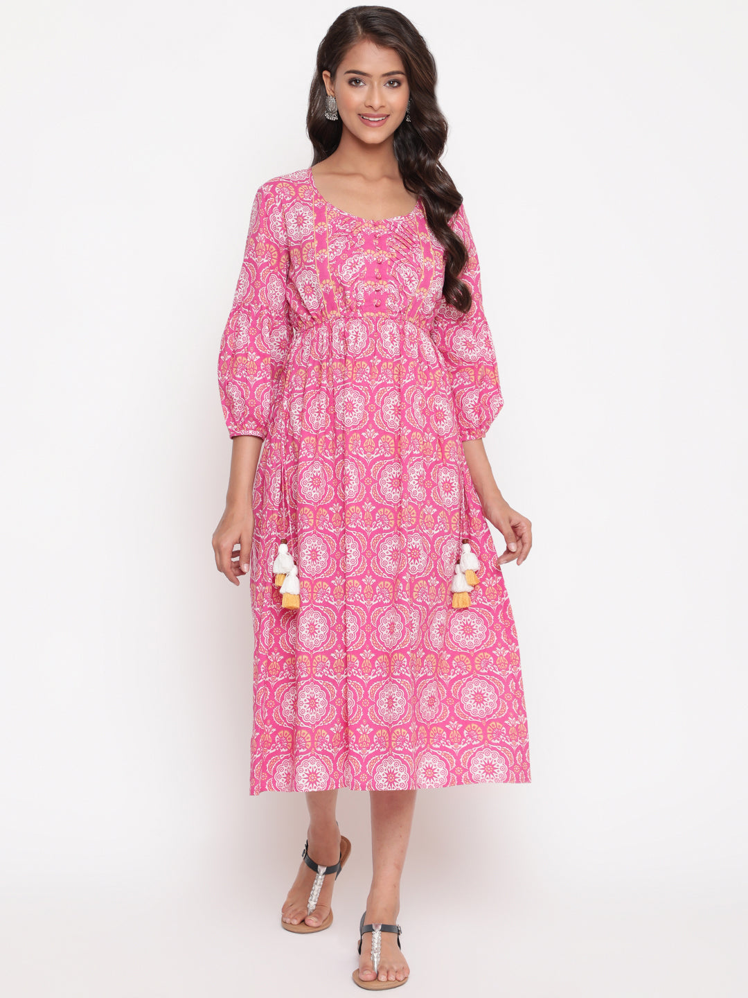 Pink Cotton Printed Tie Up Gathered Dress