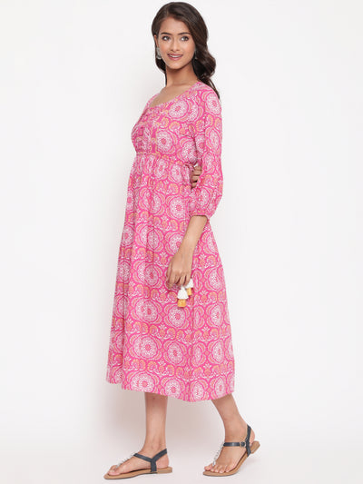 Pink Cotton Printed Tie Up Gathered Dress