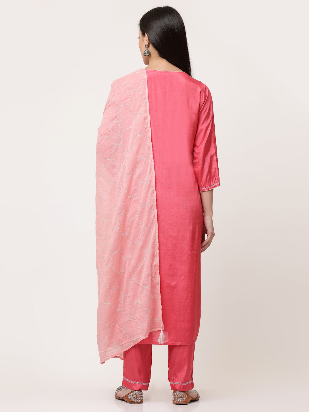 Pink Zari Embroidered Kurta Pant Set With Dupatta