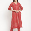 Red Cotton Printed Angrakha Kurta Pant Set