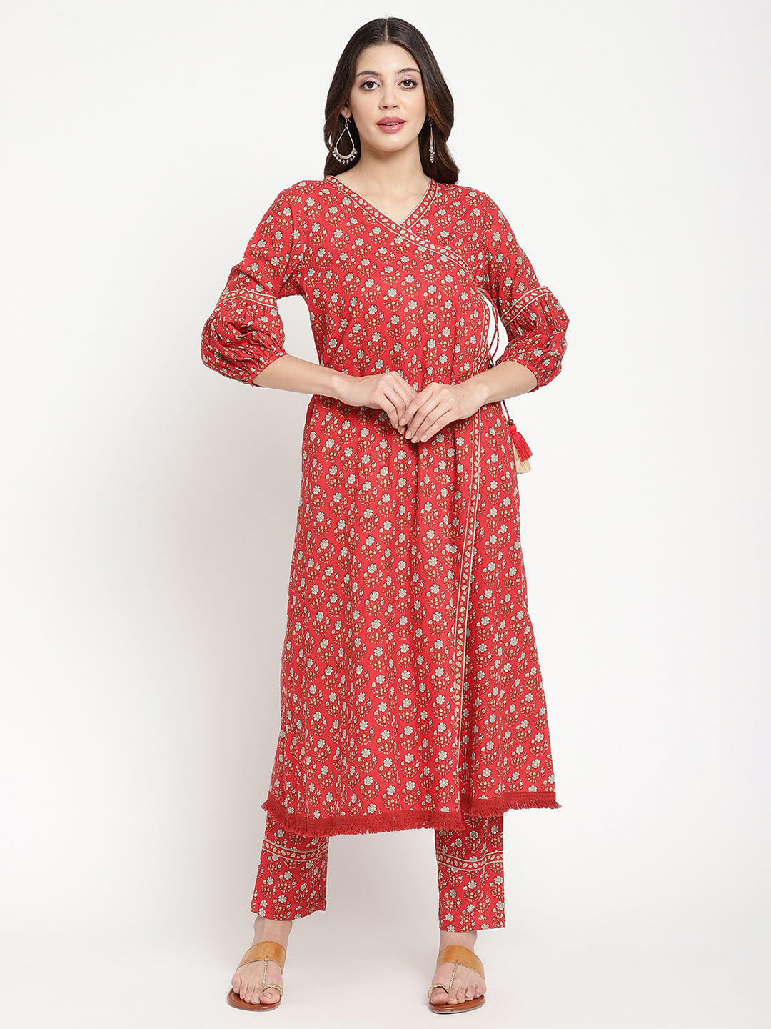 Woman wearing Red Cotton Printed Angrakha Kurta Pant Set by Savi. 