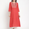 Red Embroidered A-Line Kurta