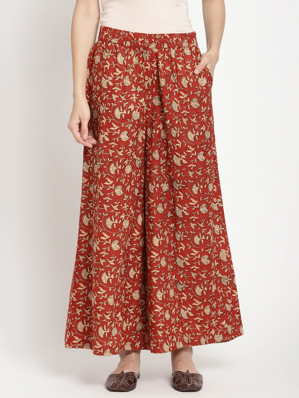 Detailed shot of women’s Rust Cotton Printed Palazzo. 