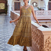 Mustard Yellow Cotton Printed Strappy Flared Dress