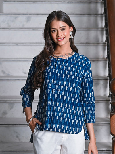 Woman posing in Savi's Cotton Indigo printed Hidden placket High-Low Tunic