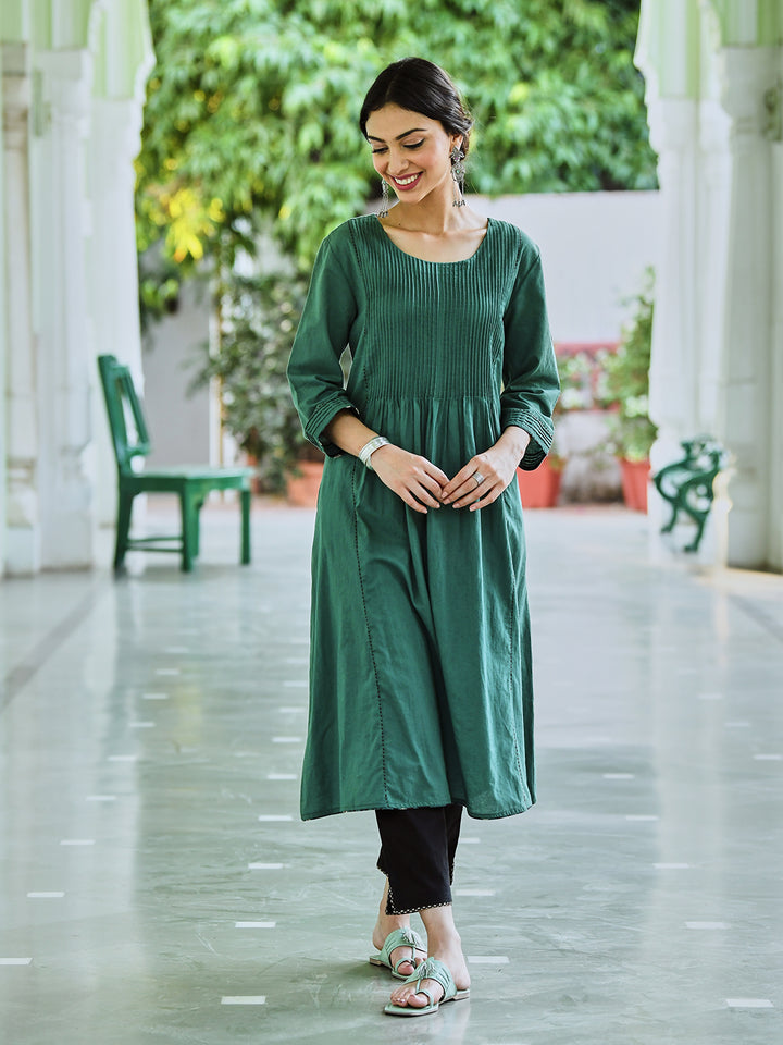 Teal Green Cotton Pintuck Designer Dress