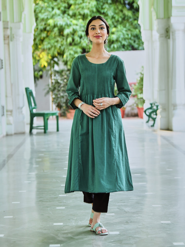 Teal Green Cotton Pintuck Designer Dress